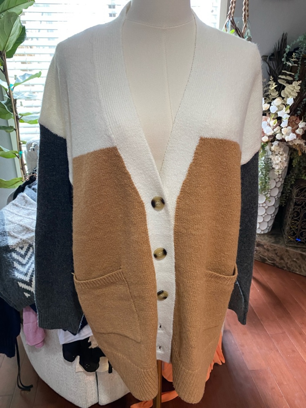 eesome Colorblock Button-Front Cardigan - White, Tan & Charcoal